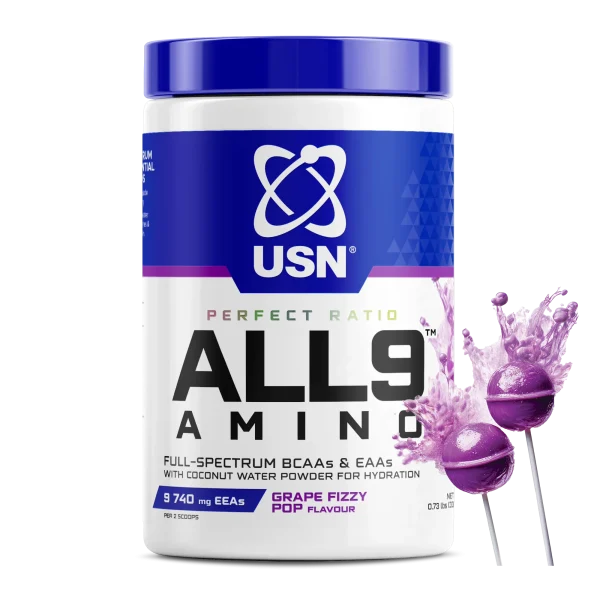 AMINO ALL 9 330 G GRAPE FIZZY POP USN - Imagen 2