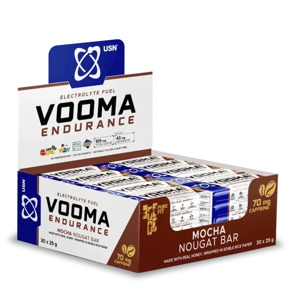 BARRA PROTEINA VOOMA NOUGAT 25 G MOCHA CAJA 30 UNIDADES USN